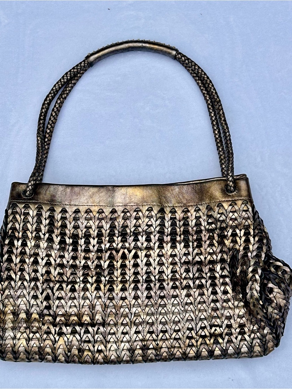 Vintage MONSAC Metallic Gold Woven Leather Boho Y2K Shoulder Handbag